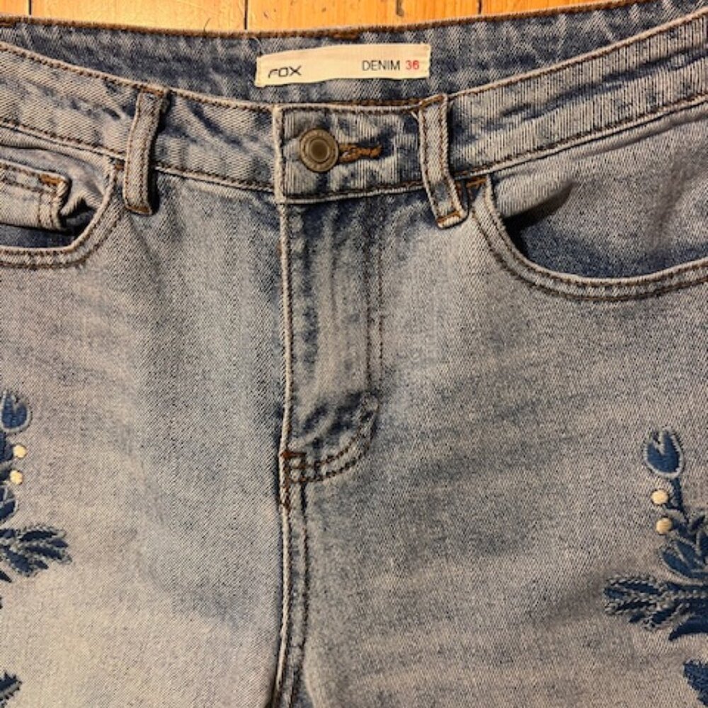 Fox Denim Embroidered Distressed Jeans